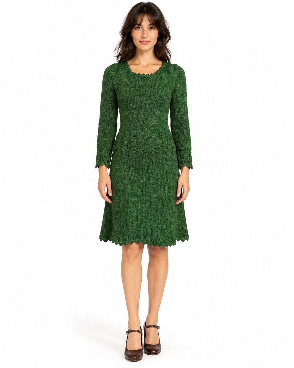 Vintage 1970s Hand Knit Green Cable Sweater Dress Scalloped Hem Small